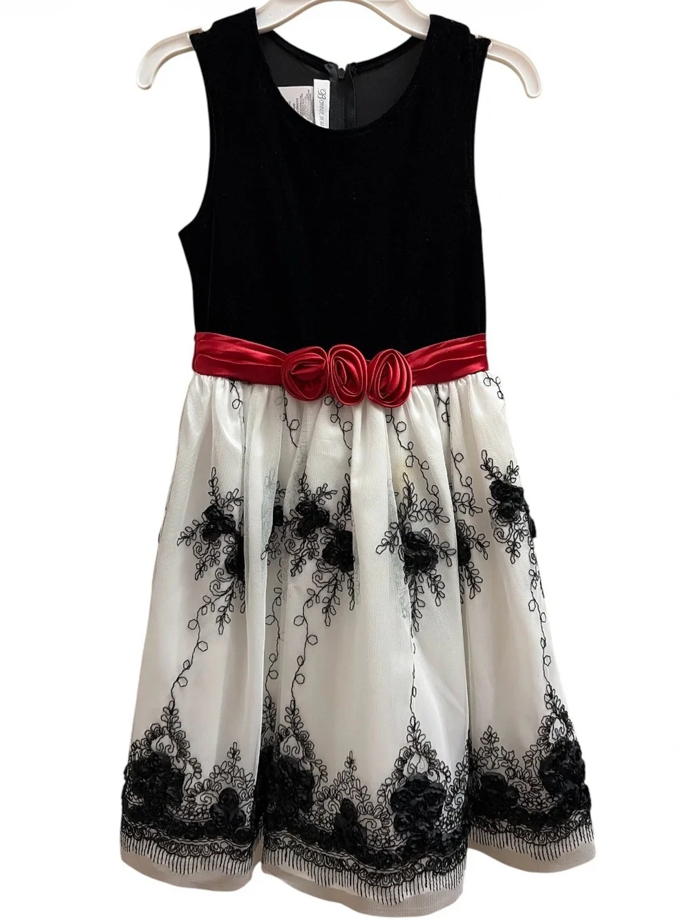Bonnie Jean Black Velvet & White Embroidered Lace Dress with Red Satin Sash 10